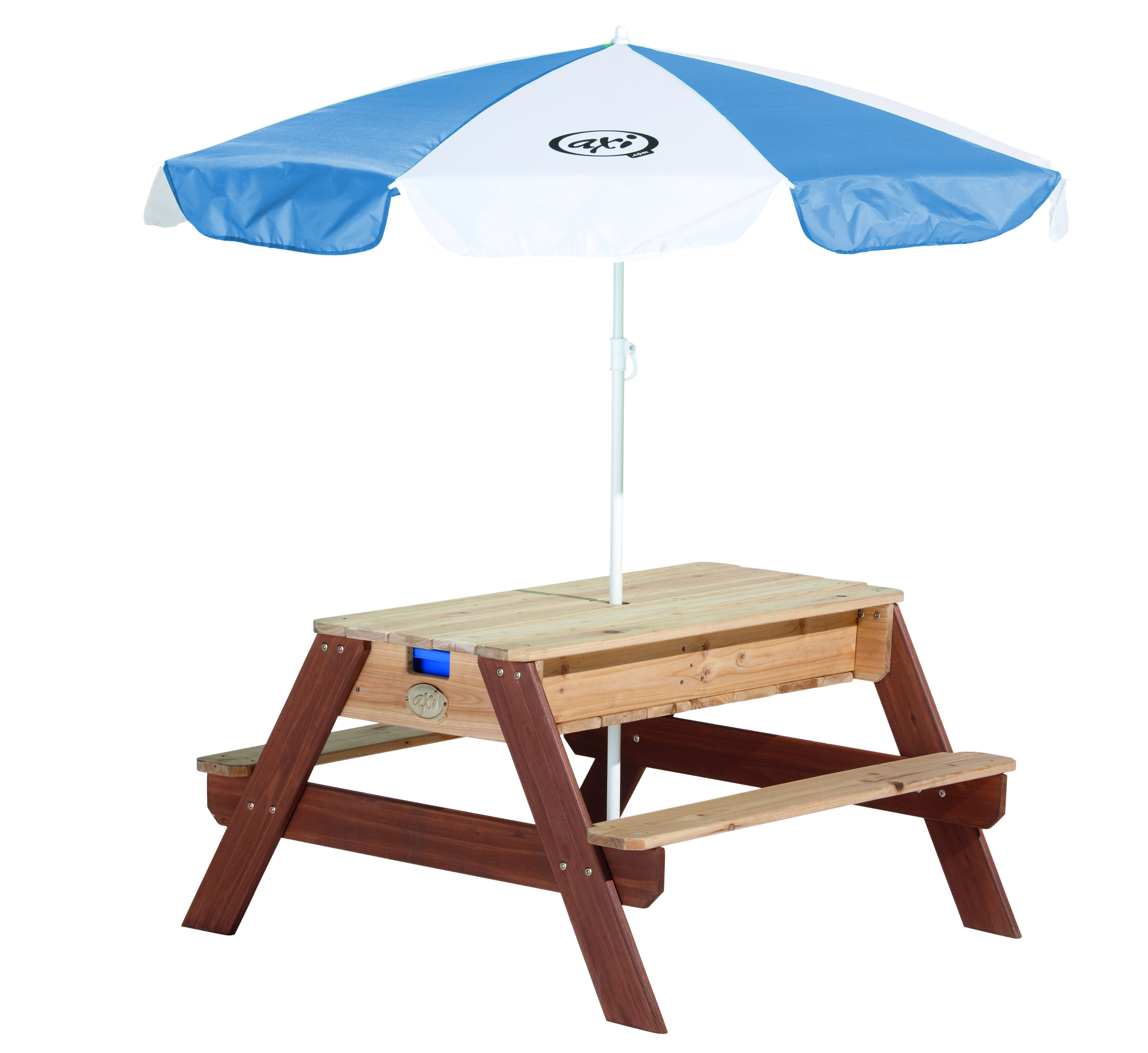 AXI Nick Zand & Water Picknicktafel Bruin - Parasol Blauw/wit