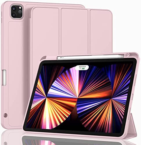 IUOK Nieuw iPad Pro 11 inch hoesje 2021 (3e generatie) / 2020 (2e generatie) met pennenhouder, Smart iPad Case [Ondersteuning Touch ID & Auto Wake/Sleep] met 2e generatie automatisch potlood opladen (Roze)