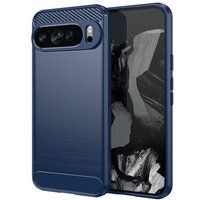 Google Pixel 9 Pro XL Coque en Silicone Gel Carbone avec Verre Trempé - Bleu Foncé
