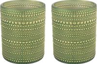 Countryfield Luxe theelichthouder - 2 stuks - Aurora - glas - olijfgroen/goud - D8 x H10 cm