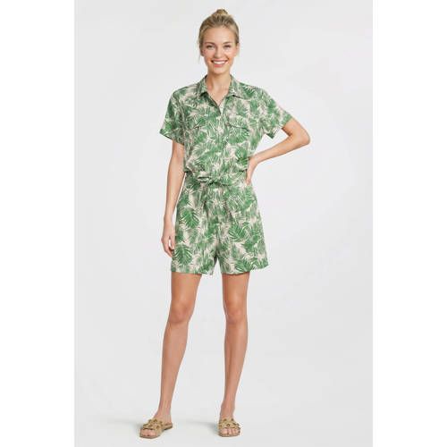 Anytime playsuit met bladprint beige/groen