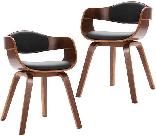 vidaXL Eetkamerstoelen - 2 stuks - Gebogen - Hout en Kunstleer - Donkerbruin en Zwart