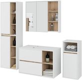 Akord Badkamermeubelset VAMI 4-delige met twee Gaten voor Opzetwastafel / hangende Badkamerkasten / 21 Planken en 2 Lades / Wit – Sonoma Eik