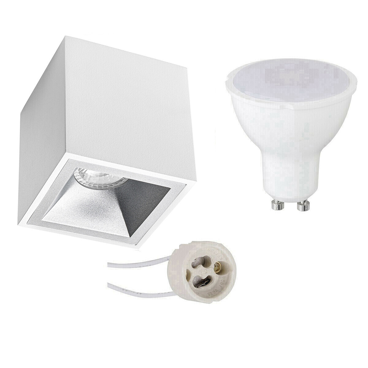 BES LED Voordeelset Opbouwspot Set - Pragmi Cliron Pro - GU10 Fitting - Opbouw Vierkant - Mat Wit/Zilver - 6W - Helder/Koud Wit 6400K - Verdiept - 90mm