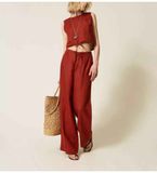 Twinset Pantalon en lin avec logo brodé marron châtaigne (42)