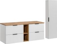 Moderne badkamermeubelset van 140 cm met een wastafelblad, een hoge kast en een open module