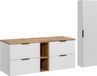 Moderne badkamermeubelset van 140 cm met een wastafelblad, een hoge kast en een open module