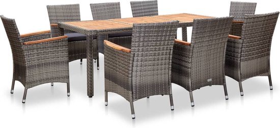 The Living Store Poly Rattan Tuinset - Grijs - 190x90x75 cm - Stalen frame - Massief acaciahouten armleuningen