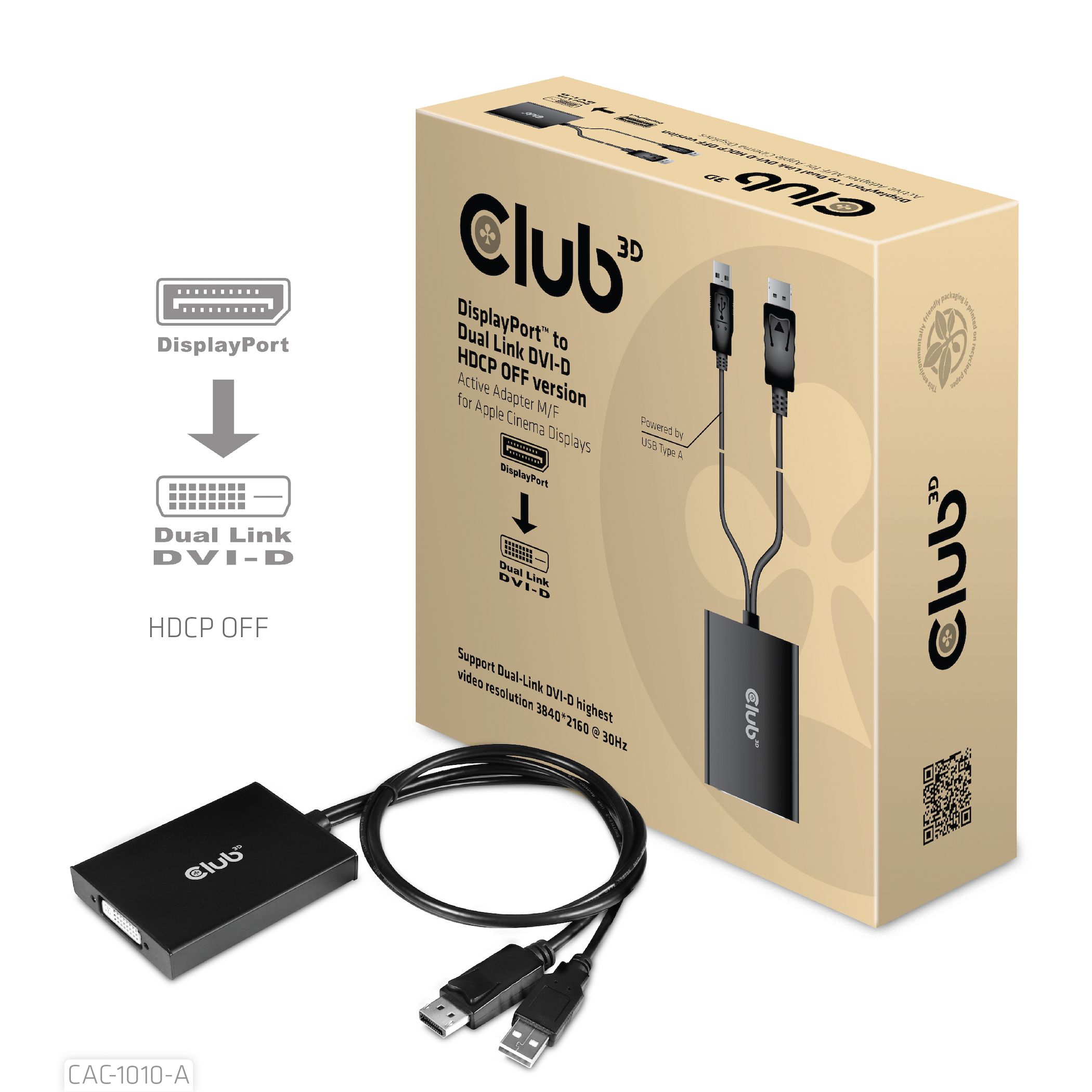 Club 3D DisplayPort to Dual Link DVI-D HDCP OFF Active Adapter - 0.6m - CAC-1010-A