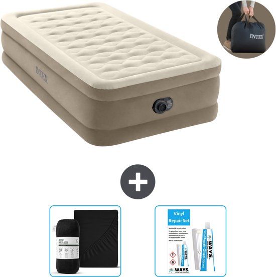Intex Luchtbed 1-Persoons - 99 x 191 x 46 cm - Beige - Inclusief pomp, hoeslaken en reparatieset