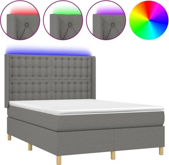 vidaXL Boxspring met matras en LED, stof, donkergrijs, 140x200 cm