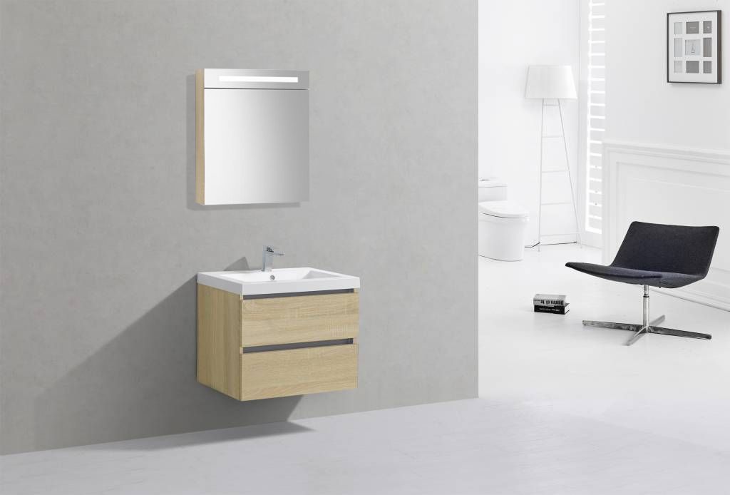 Badkamerplanet Badkamermeubel Trento Greeploos Mineraal 60 cm Light Wood met Spiegelkast