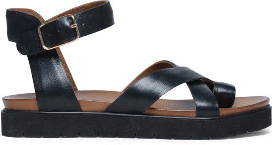 Manfield - Women's Black Leather Platform Sandals with Buckle Closure - Size 39