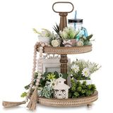 Hanobe Boerderij gelaagd dienblad decoratie: hout 2-laags standaard twee decoratieve dienblad ronde kralen trays voor badkamer keuken salontafel centerpieces aanrecht herfst Halloween Kerstmis