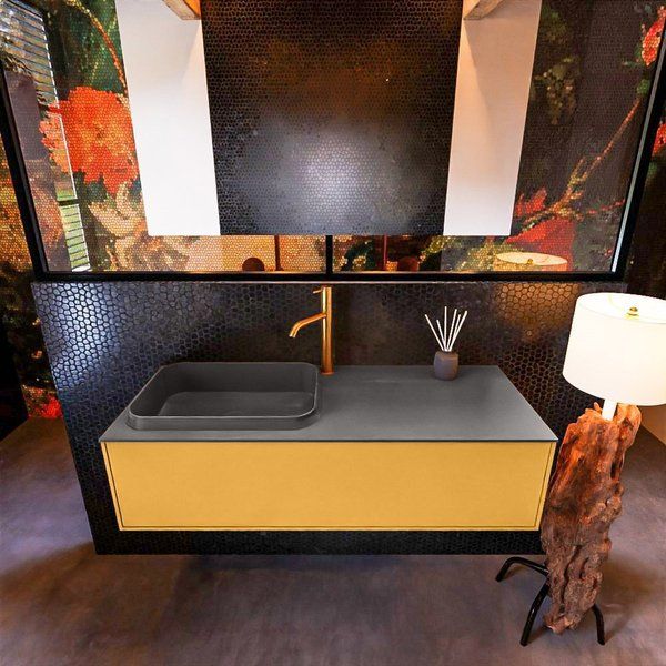 Mondiaz ERIN 120cm badmeubelset Ocher met 1 lade + Wastafel RIDGE links Dark grey