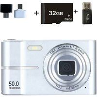 Aiorber Digitale camera 32 GB, 1080P, 50 MP digitale compactcamera voor kinderen, 16x digitale zoom, 2,4-inch scherm, draagbare compactcamera, zilverkleurig