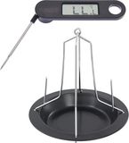 Merkloos BBQ/oven kippenspit/kiphouder met schotel zwart 20 x 18 cm - Met digitale vleesthermometer / braadthermometer