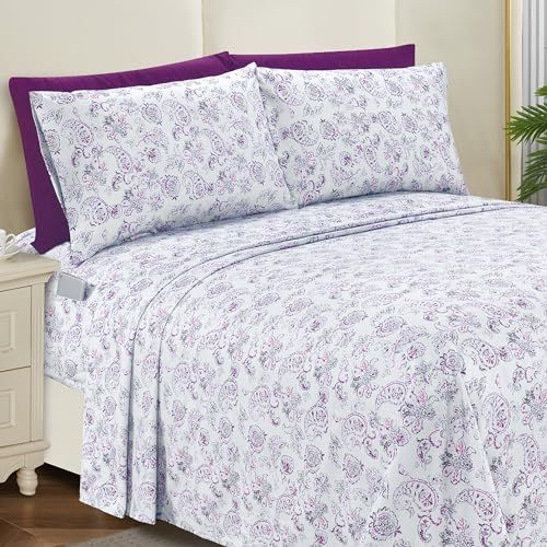 Elegant Comfort 6-delige lakenset - 1500 premium hotelkwaliteit microvezel - diepe zak, kreukbestendige 6-delige paisley patroon lakenset, California King, Paisley paars