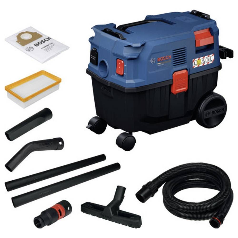 Bosch PRO alleszuiger met snoer GAS12-25LS (kunststof verlengbuizen, platte plooifilter, 3,5 m zuigslang, gebogen zuigmond, vloerzuigmond, spleetzuigmond, vlieszak, universele adapter)