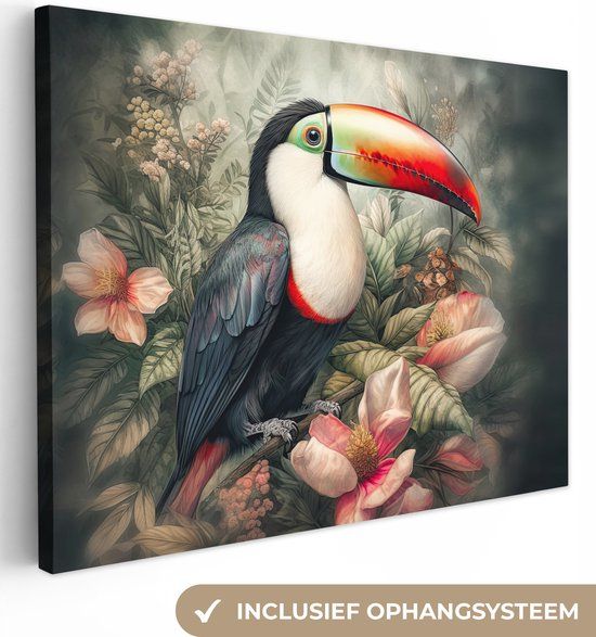 OneMillionCanvasses Canvas Schilderij 160x120 cm - Toekan - Vogels - Bloemen - Tropisch - Wanddecoratie