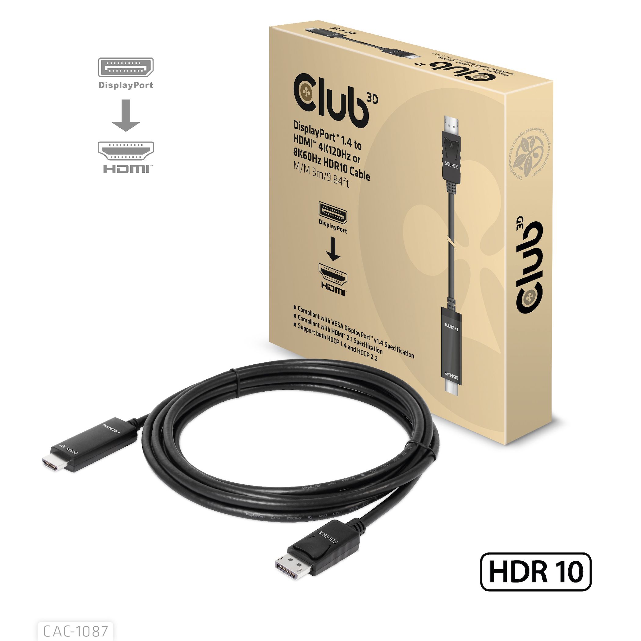 Club 3D DisplayPort 1.4 to HDMI 4K120Hz or 8K60Hz HDR10 Cable M/M 3m