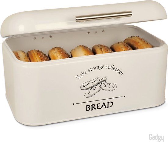Gadgy Broodtrommel - Off White Metal Bread Box with Lid and Crumb Rack - 15L