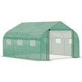 Serre de jardin tunnel avec porte roulante, 6 fenêtres et toit en pente, abri de culture en PE pour plantes, 3,47x3x2 m, vert