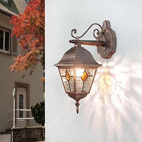 Licht-Erlebnisse Elegante wandlamp buiten koper antiek glas in lood element E27 H: 32cm padverlichting tuinhuis balkon