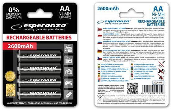 Esperanza Oplaadbare Batterijen AA 2600mAh 4 Stuks