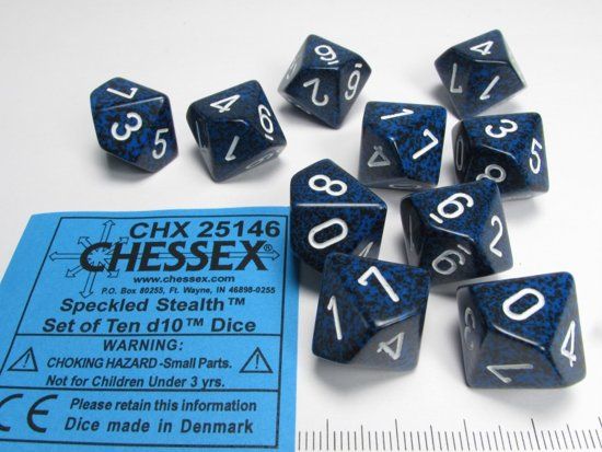 Chessex Dice Set 10 10-Sided Speckled Stealth - White/Blue - Plastic - 0601982020880