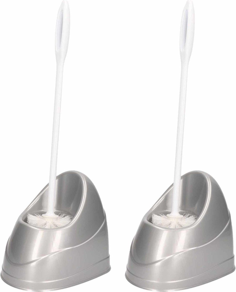 Forte Plastics 2x Zilveren toiletborstels met houder - 45,5 x 19,5 cm - Toiletborstelhouders voor toilet - Schoonmaakartikelen