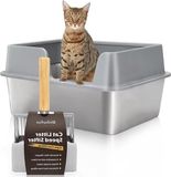 Merkloos Kattenbak XXL – Open kattenbak met metalen schep en hoge rand – Grote, gemakkelijk te reinigen bak van grijs roestvrij staal