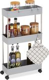 Relaxdays Keukentrolley, Kunststof, 3 Etages, Met 4 Haken, HxBxD 70 x 15,5 x 40,5 cm, Smal Opbergrek Op Wieltjes, Grijs