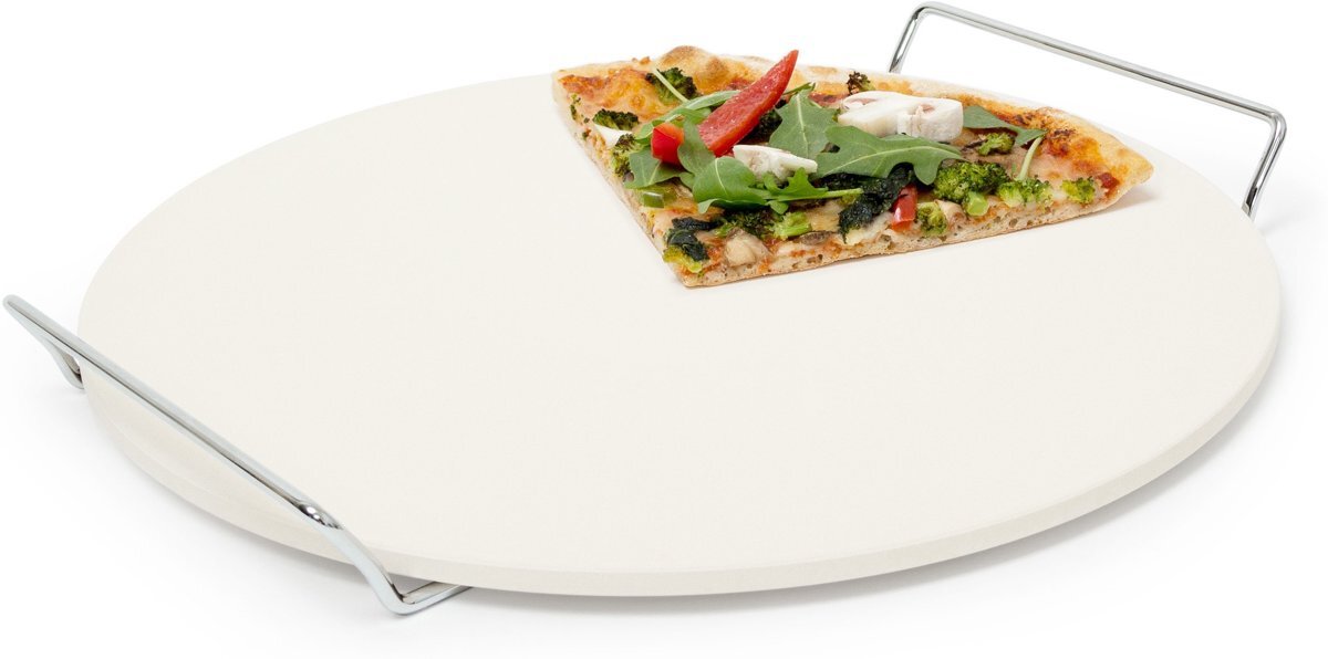 Relaxdays pizzasteen 33 cm met metalen houder, pizza baksteen, pizza stone steen