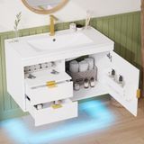 Ropilly Badkamerkast met wastafel, 76 cm. Wandgemonteerde wastafel met LED-verlichting, bediening via app, soft-close sluiting, witte houtlook, zonder kraan