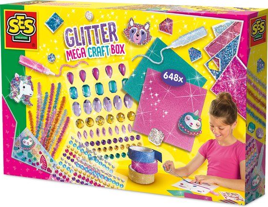 SES Creative Glitter Mega Knutseldoos - Knutselen Meisjes - Incl. Glitterlijm en Diamant Stickers - Vanaf 5 jaar