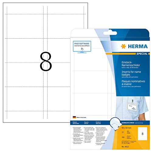 HERMA 9012 naamkaartjes voor kleding A4 (90 x 60 mm, 25 vellen, karton) geperforeerd, bedrukbaar, niet-klevende insteekkaarten, 200 insteeketiketten, wit
