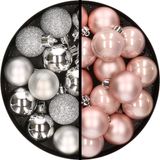 Merkloos / Sans marque Billiet - Vanlaere Kerstballen 36x stuks - 3 en 4 cm - zilver en lichtroze - kunststof
