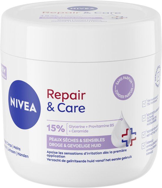 NIVEA Repair & Care Sensitive Bodycrème - 15% Glycerine, Provitamine B5 en Ceramide - Barrière Crème voor Gevoelige en Jeukerige Huid - 400 ml