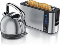 Arendo Breakfast Set acier inoxydable, bouilloire avec réglage de la température 1,7l, grille-pain 2 disques à fentes longues, grille-pain 2 disques, bouilloire vintage, grille-pain avec support pour petits pains, argenté