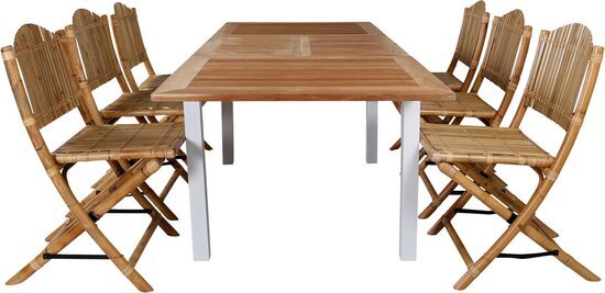 Hioshop Panama tuinmeubelset tafel 90x160/240cm en 6 stoel Cane lichtgrijs, naturel.