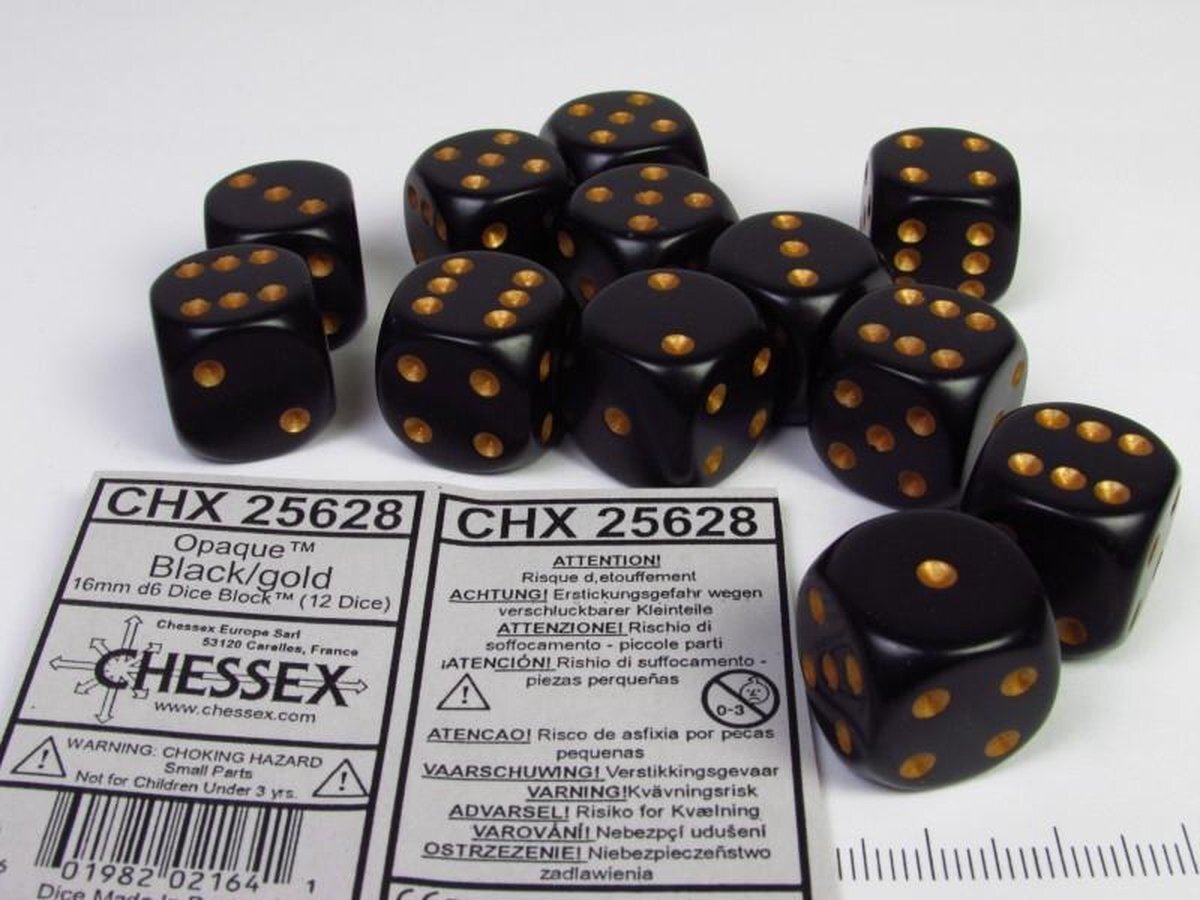 Chessex Set 12 6-zijdig, 16mm zwart met goud