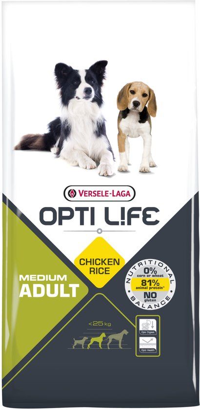 Opti Life Adult Medium 12,5 kg - Droogvoer met kip rijst voor volwassen honden van middelgrote rassen