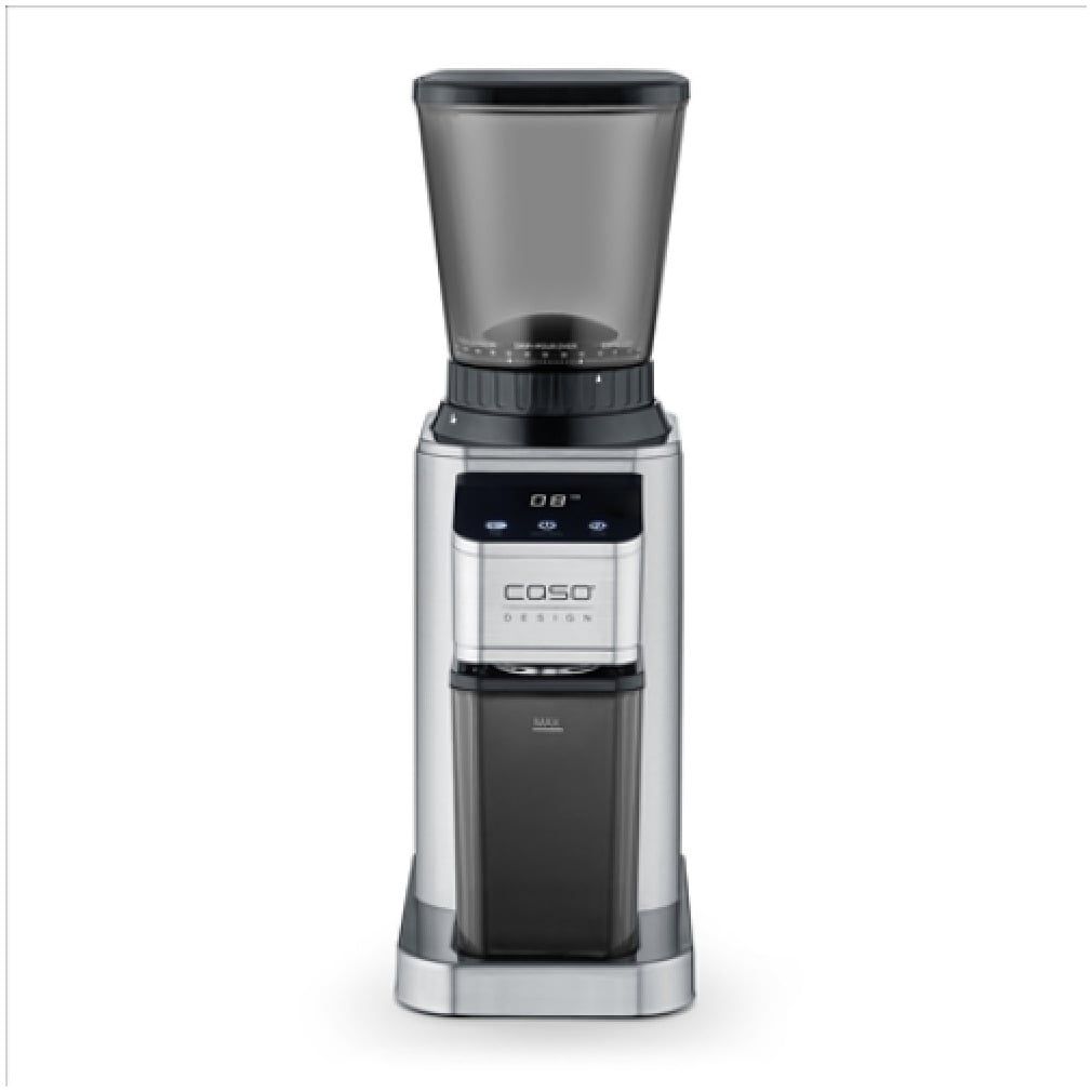 CASO BaristaChef Inox Elektrische koffiemolen, duurzame roestvrijstalen kegelmolen, met zeefhouder, 48 nauwkeurige maalgraden, aromavriendelijke 450 omw/min
