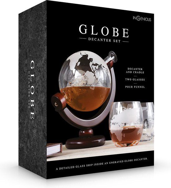 Ingenious Gifting Glazen Wereldbol met Schip - Decanteerder - Whisky - Whiskey Karaf - Inclusief 2 Glazen