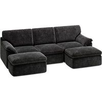 Hoekbank met slaapfunctie (5-zits), grijze fleece-stof, bank met 5 kussens en 2 voetsteunen, 240 x 140 x 65 cm