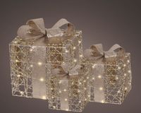 Lumineo Ensemble de 3 cadeaux à LED dorés avec minuterie – lumière blanc chaud – pour intérieur