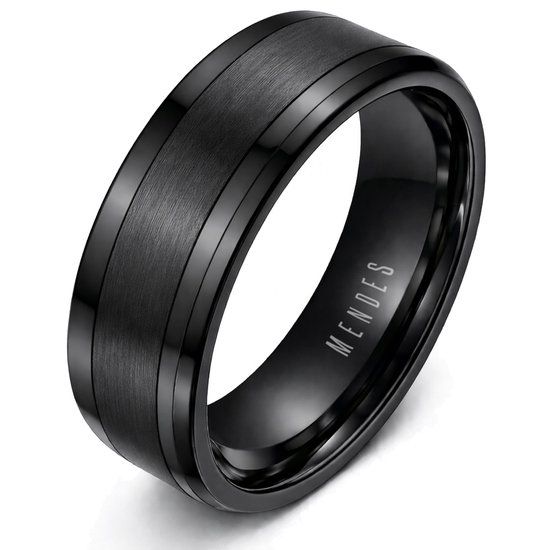 Mendes Wolfraam heren ring zwart gebostelde streep 8mm-21.5mm