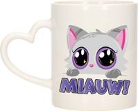 Bellatio decorations Koffie/Thee Mok - Poes/Kat - Miauw - Paars - Hartjes Oor - Keramiek