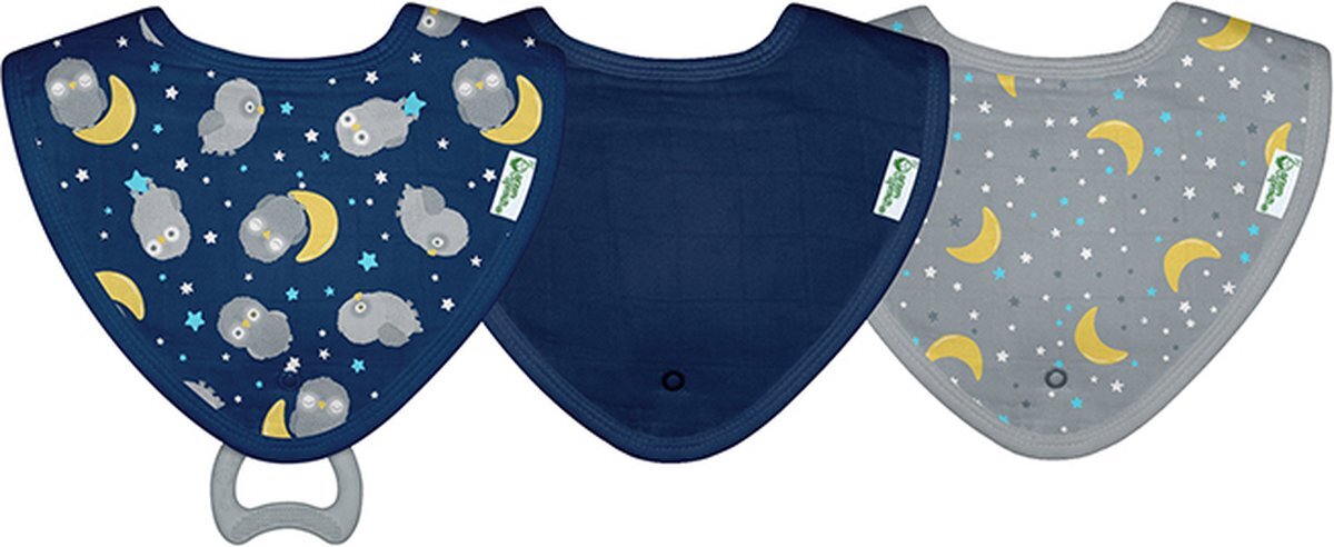 green sprouts Groene Sprouts - Muslin Stay-Dry Teether Bibs Organisch Katoen (3 Pack) - Navy Owl - 0-12 Maanden